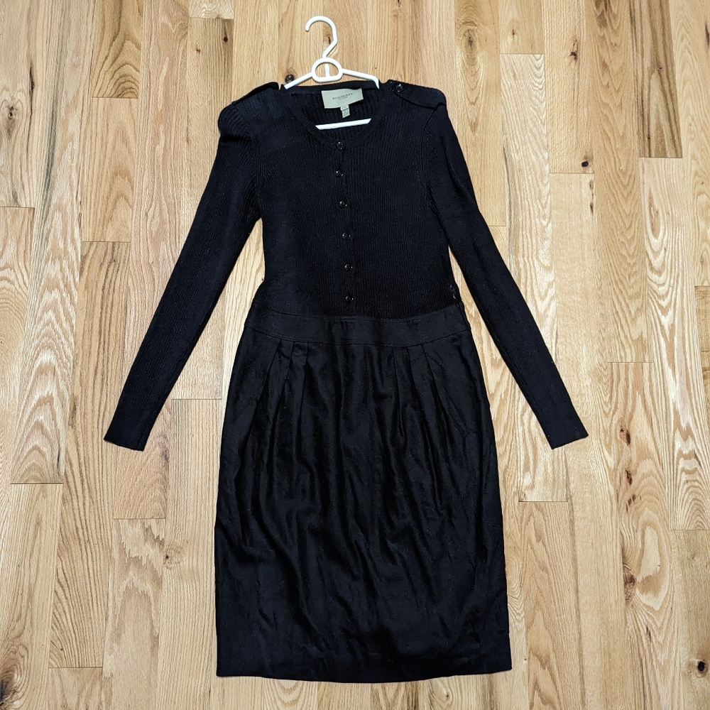 BURBERRY LONDON Military Wool Angora Cashgora Knit Dress Blue Button Top US 8